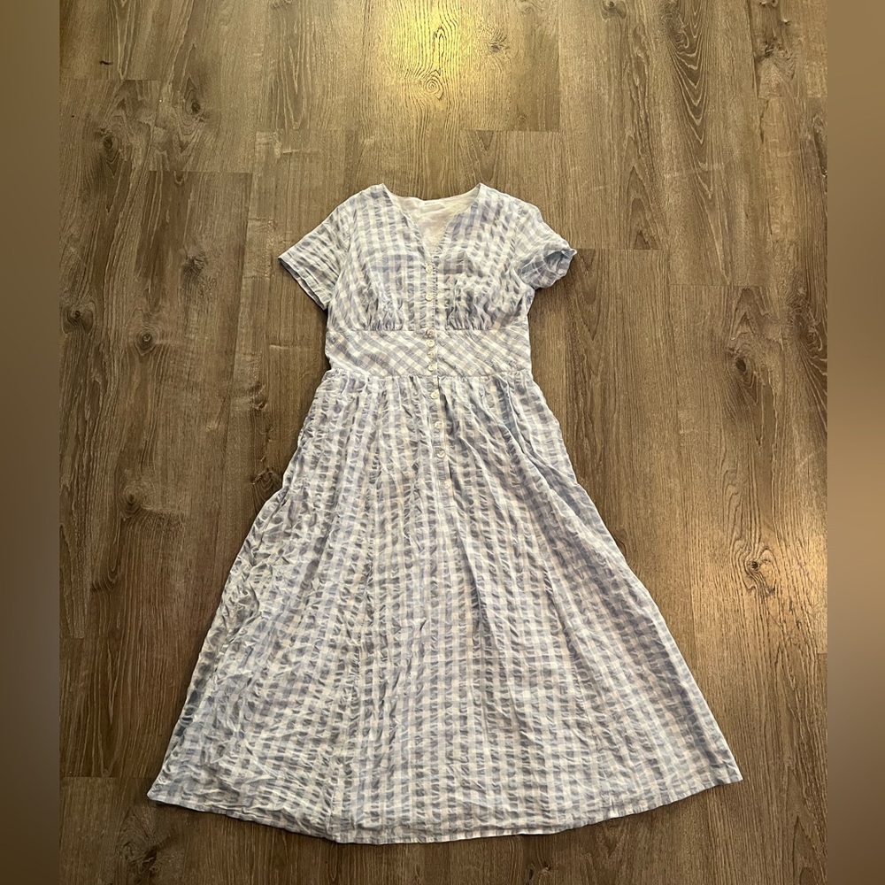eshakti Puff Sleeve Dupioni Gingham Pleat Waist Empire Dress